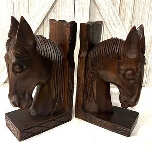 VTG Hand Carved Wood Horse Head Bookends Western Rustic Decor Cowboy Equestrian